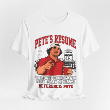 White crew neck graphic T-shirt with centered red text and illustrated character