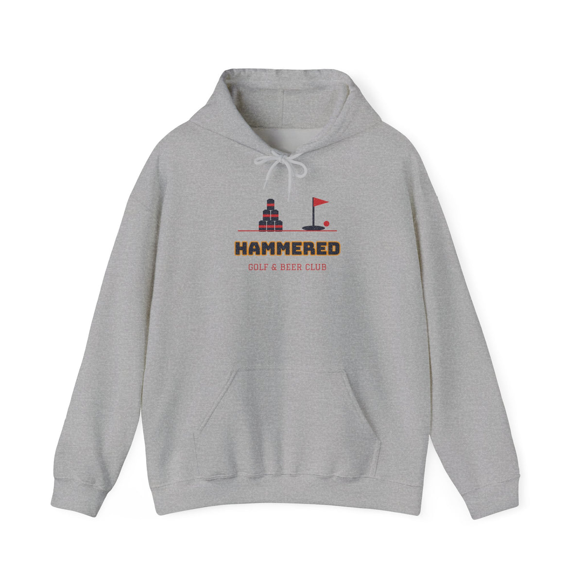 Light gray pullover hoodie with front pocket, drawstring hood, and HAMMERED logo print