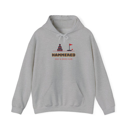 Light gray pullover hoodie with front pocket, drawstring hood, and HAMMERED logo print