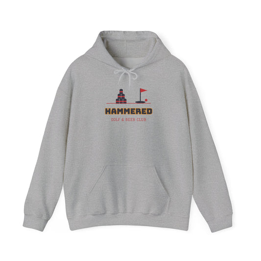 Light gray pullover hoodie with front pocket, drawstring hood, and HAMMERED logo print