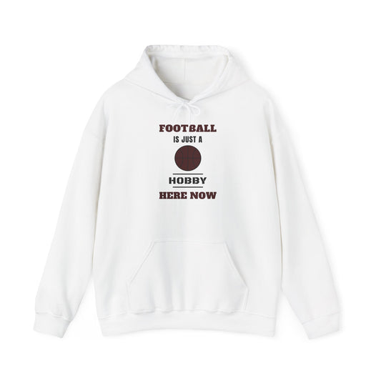 White pullover hoodie with front pocket and drawstring, football text graphic
