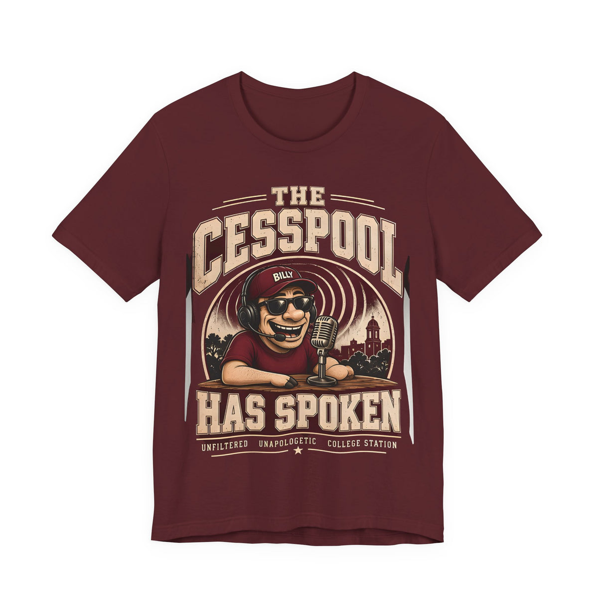 Maroon crewneck tee with front graphic print of a smiling radio character