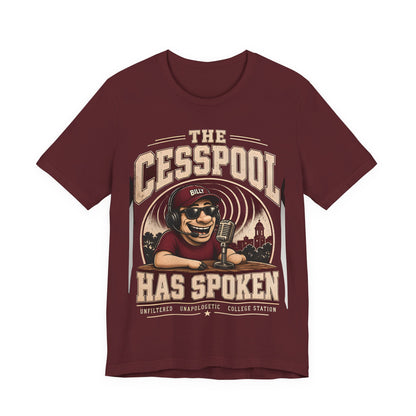 Maroon crewneck tee with front graphic print of a smiling radio character