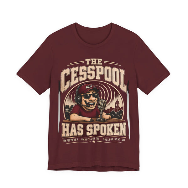 Maroon crewneck tee with front graphic print of a smiling radio character