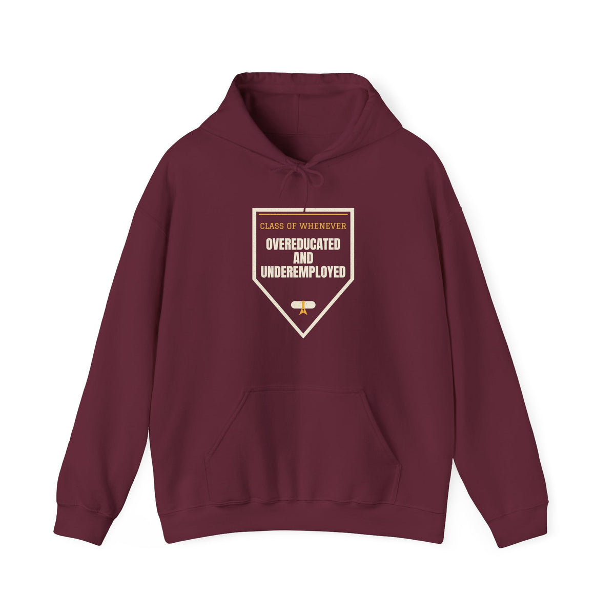 Maroon pullover hoodie with front pocket, drawstring hood, and graduation-style graphic