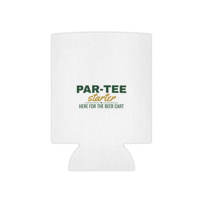 White can cooler koozie mockup with PAR-TEE starter logo and 'Here for the beer cart'