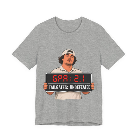 Athletic heather graphic T-shirt with football player illustration and “GPA: 2.1” sign