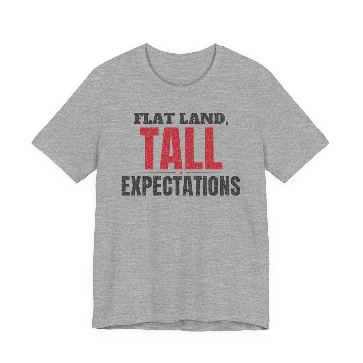 Heather gray graphic T-shirt with 'FLAT LAND, TALL EXPECTATIONS' front print