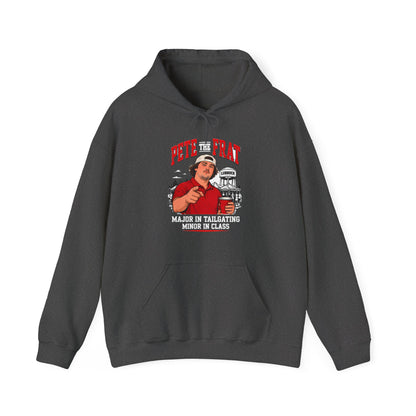 Dark gray hoodie with front logo graphic, kangaroo pocket, and adjustable drawstring hood