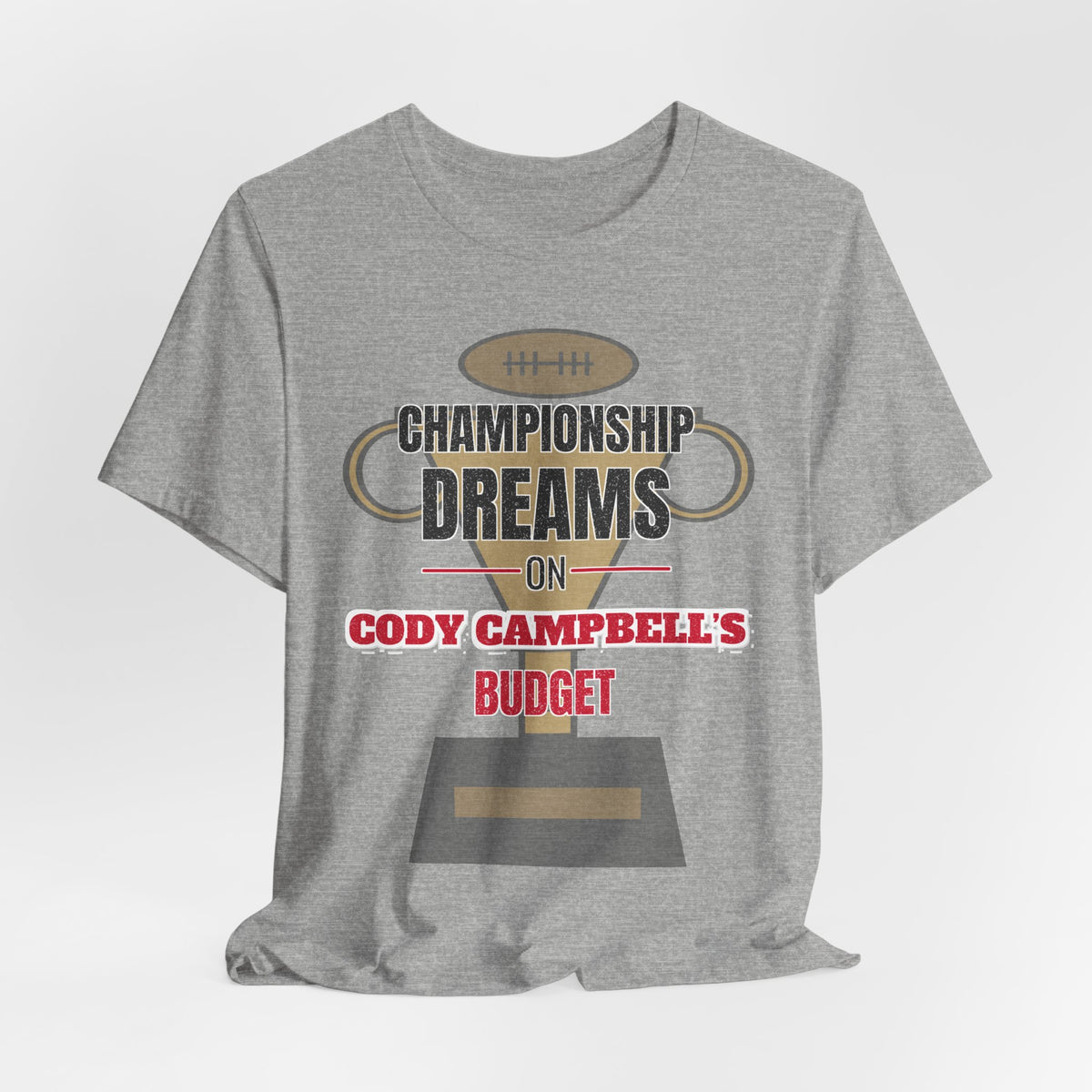 Athletic heather graphic T-shirt with football-helmet 'Championship Dreams' and 'Budget'