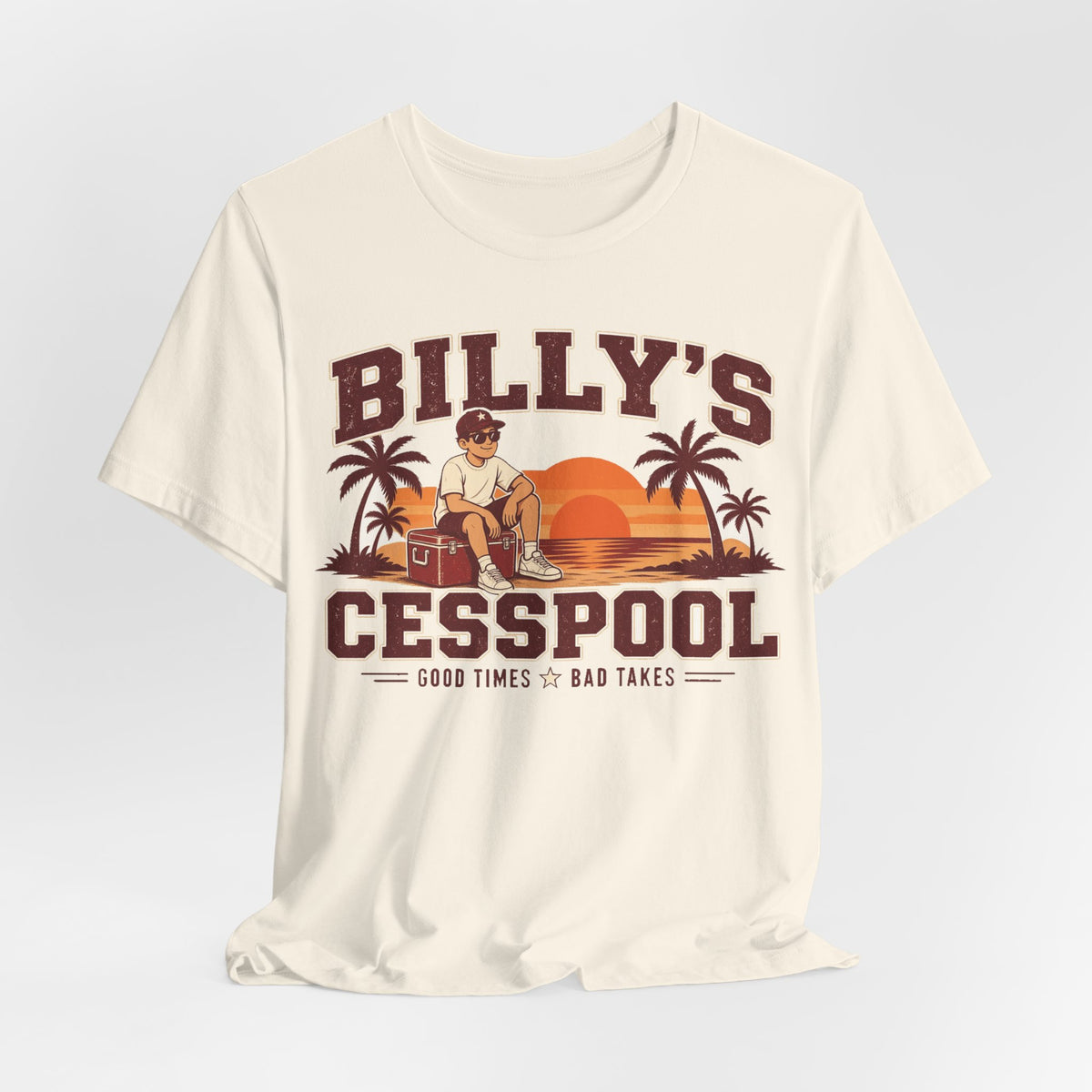 Natural crewneck T-shirt with centered 'BILLY'S CESSPOOL' graphic and small tagline.