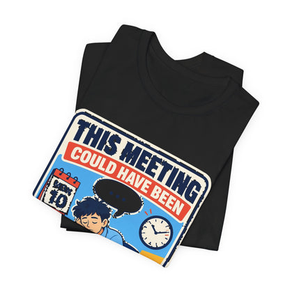 Black crewneck T-shirt with close-up of meeting-themed “A TWEET” graphic