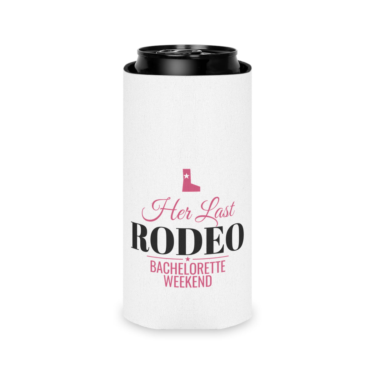 White fabric can koozie with black can top; 'Her Last RODEO' bachelorette weekend