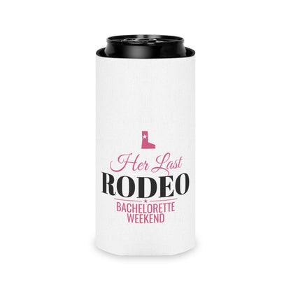 White fabric can koozie with black can top; 'Her Last RODEO' bachelorette weekend