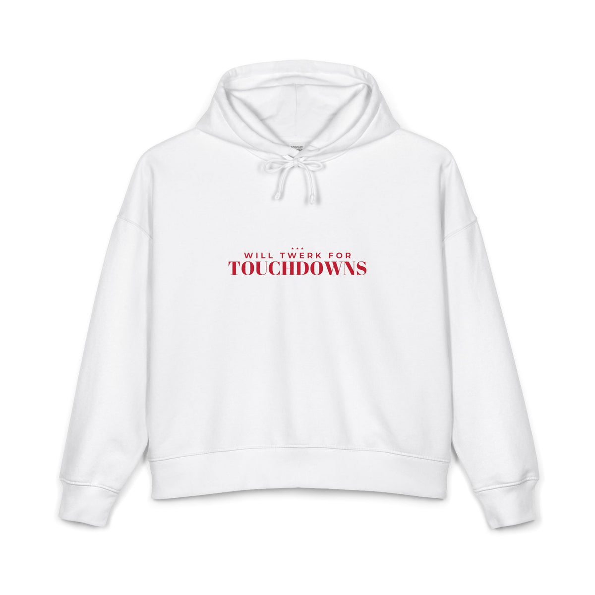 Women's white pullover hoodie with red "Touchdowns" graphic and drawstring hood