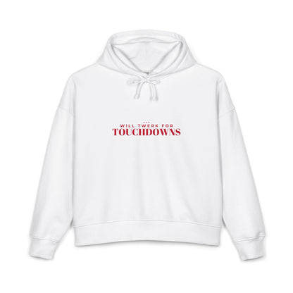 Women's white pullover hoodie with red "Touchdowns" graphic and drawstring hood