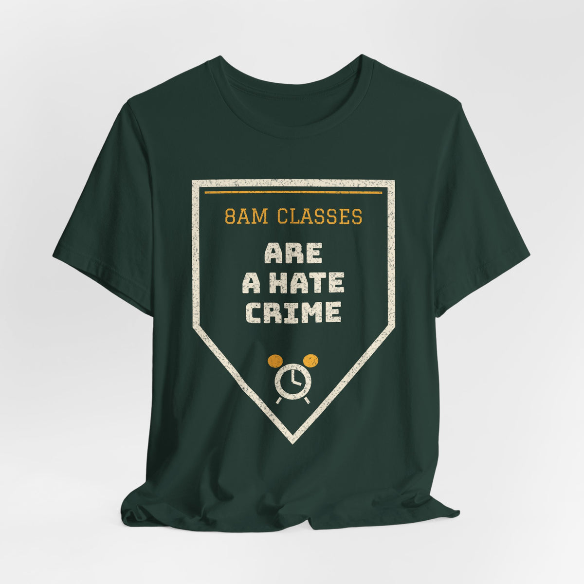 Forest green crew-neck T-shirt with triangular “8AM CLASSES” graphic print