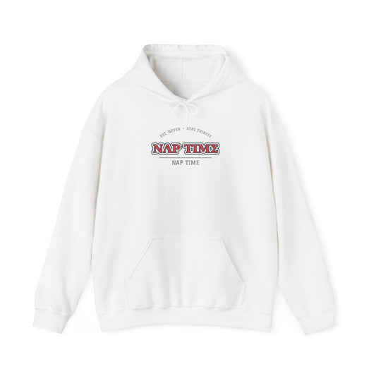 White pullover hoodie with front “NAP TIME” graphic and kangaroo pocket