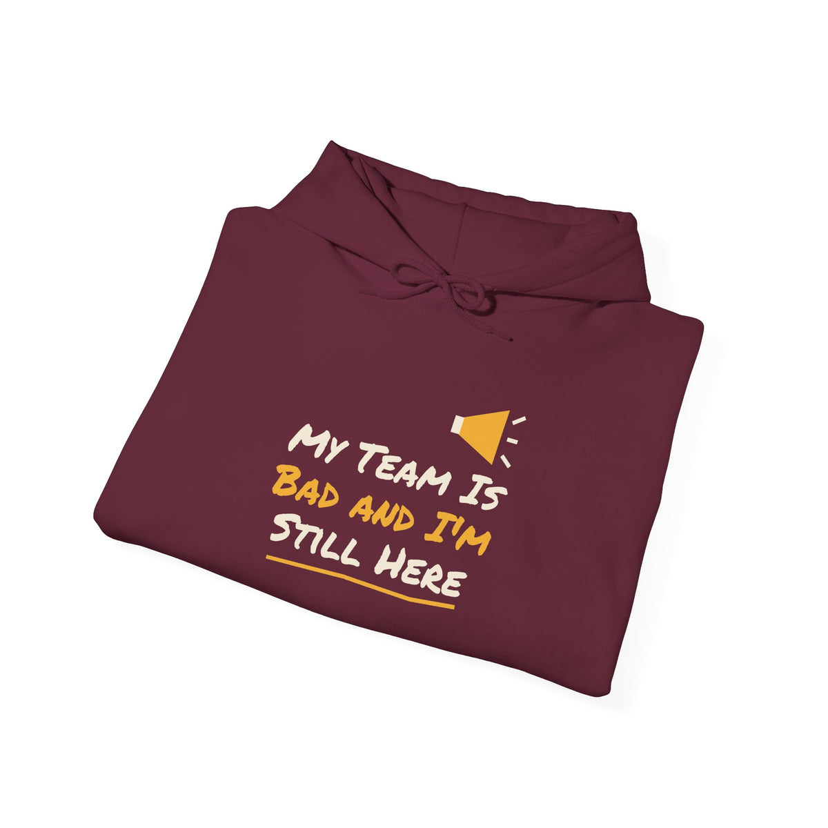 Maroon hoodie with colorful slogan graphic on front, folded view
