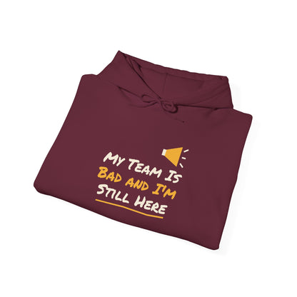 Maroon hoodie with colorful slogan graphic on front, folded view