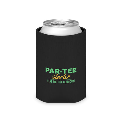Black can cooler koozie on a can, featuring PAR-TEE Starter and beer cart text