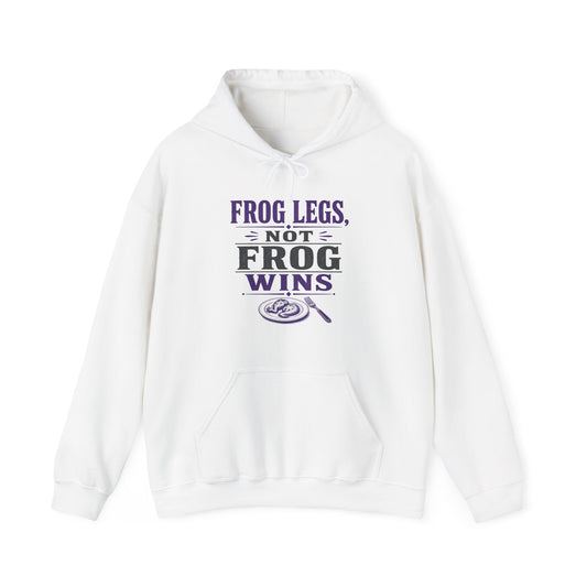 White hoodie with front "FROG LEGS NOT FROG WINS" graphic print