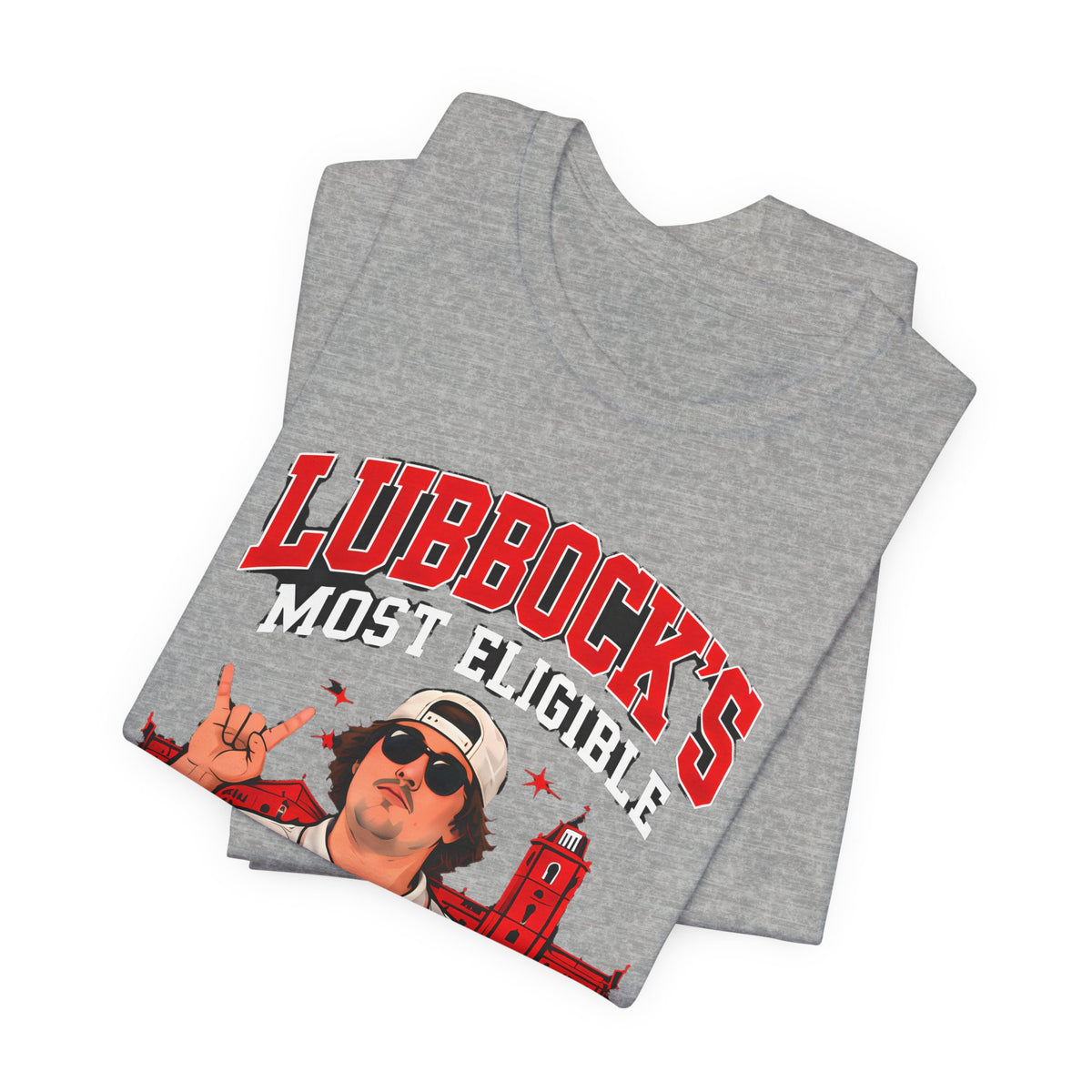 Athletic heather gray crew-neck T-shirt with large red and white front graphic, stacked