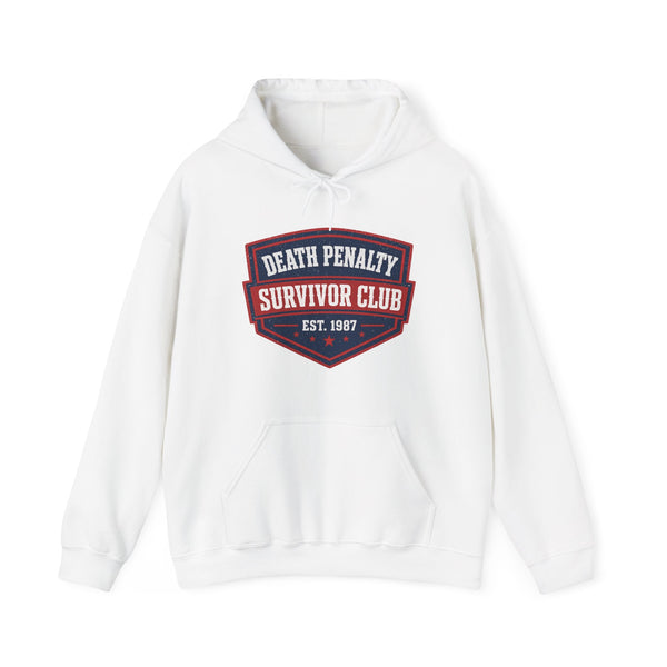 White pullover hoodie with front kangaroo pocket and bold graphic logo