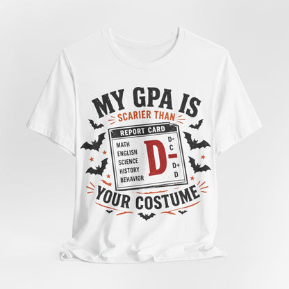 White crew-neck T-shirt with GPA report card graphic, bats, and costume slogan
