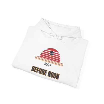 White pullover hoodie with kangaroo pocket, drawstring hood, and golf graphic on chest