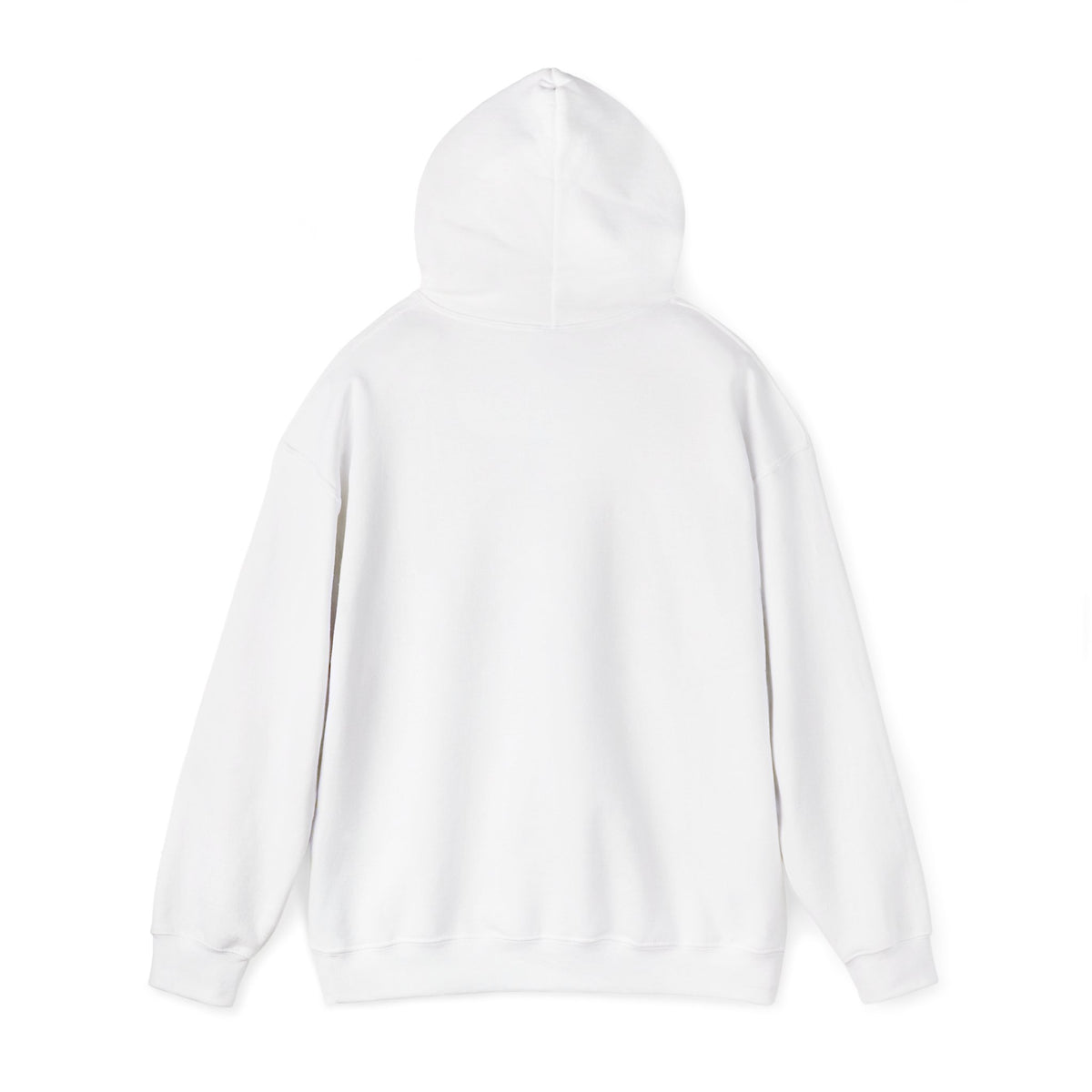 White pullover hoodie back view with hood and long sleeves, front design not shown