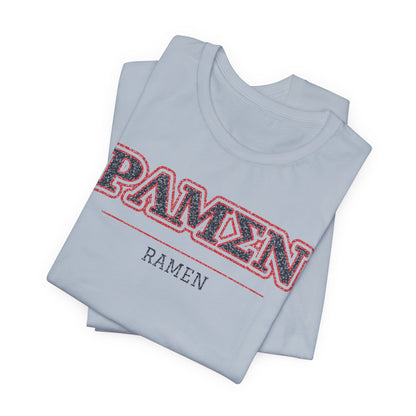 Light blue T-shirt with red PAMEN logo and RAMEN text graphic