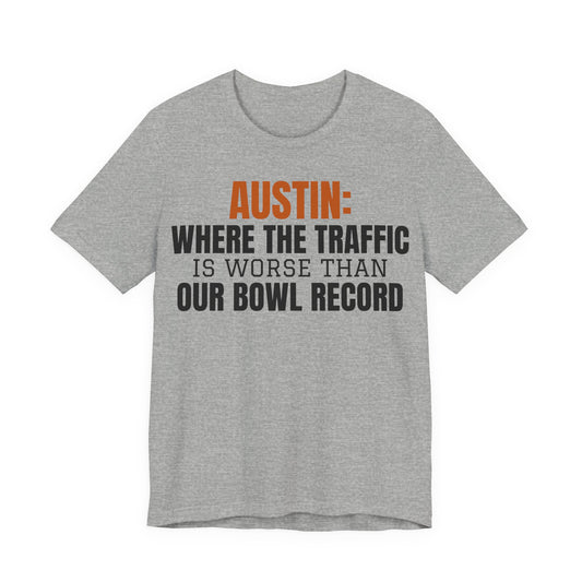 Athletic heather crewneck tee with orange and black Austin quote graphic