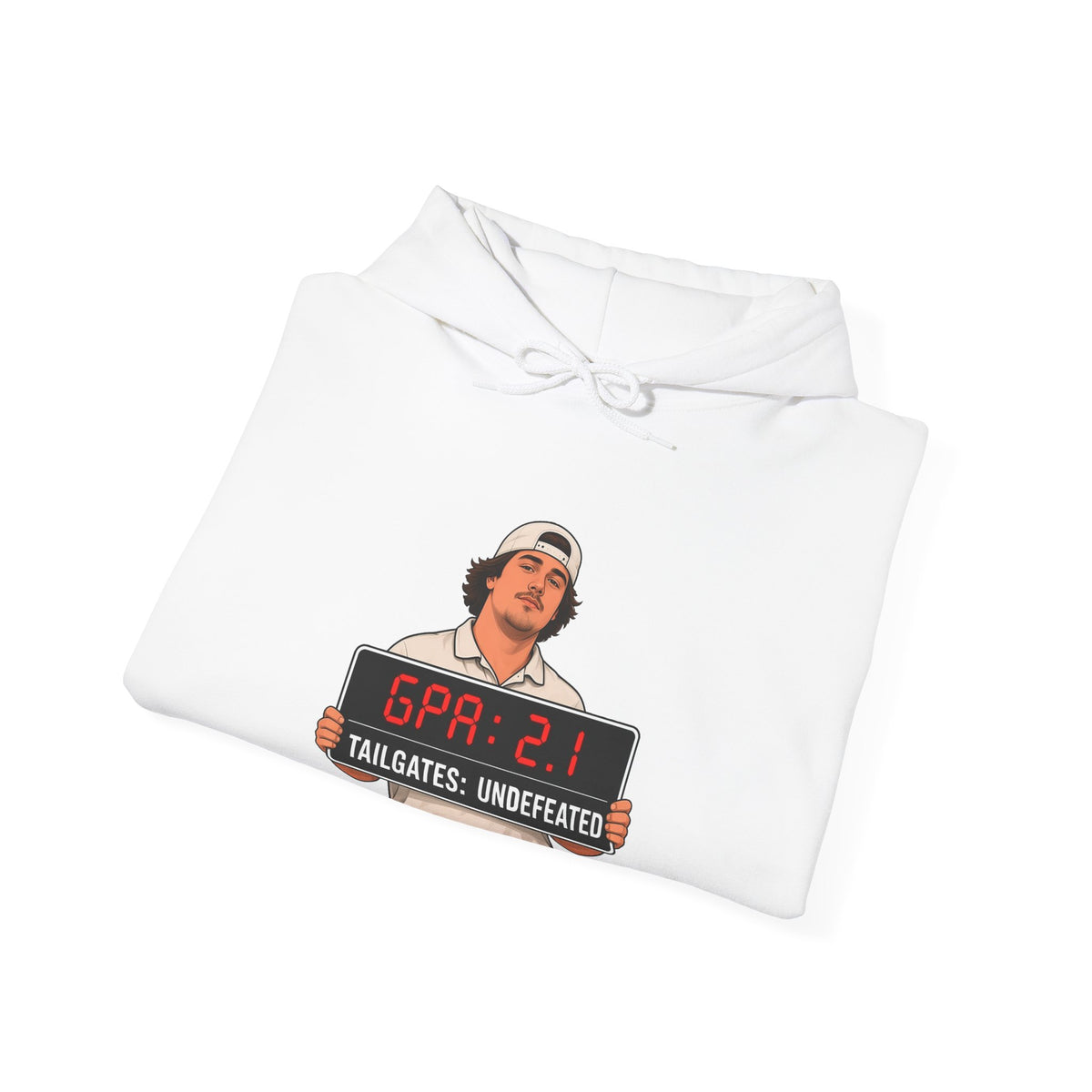 White pullover hoodie, folded, with chest graphic and drawstring hood