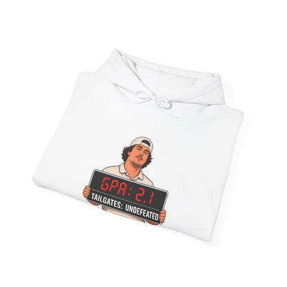 White pullover hoodie, folded, with chest graphic and drawstring hood