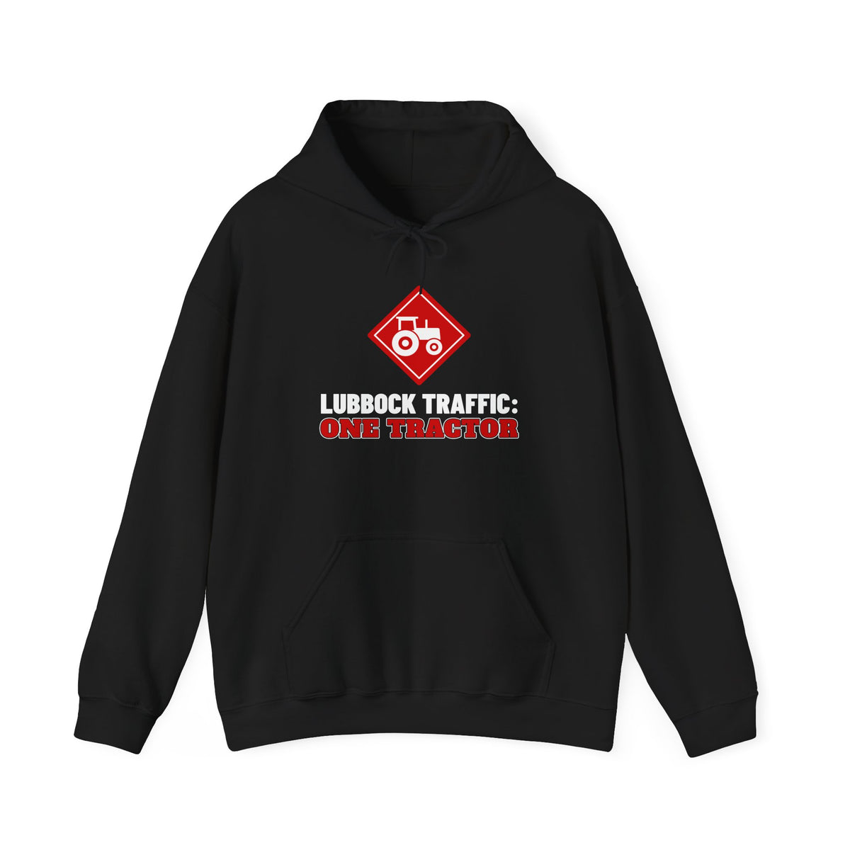 Black pullover hoodie with front pocket and red “ONE TRACTOR” chest graphic