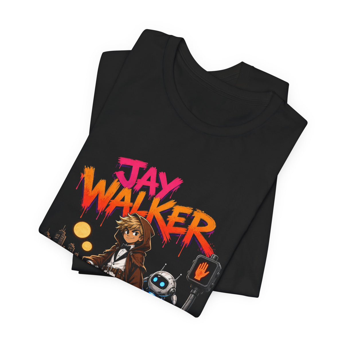 Black T-shirt stack showing same front neon character and robot graphic print