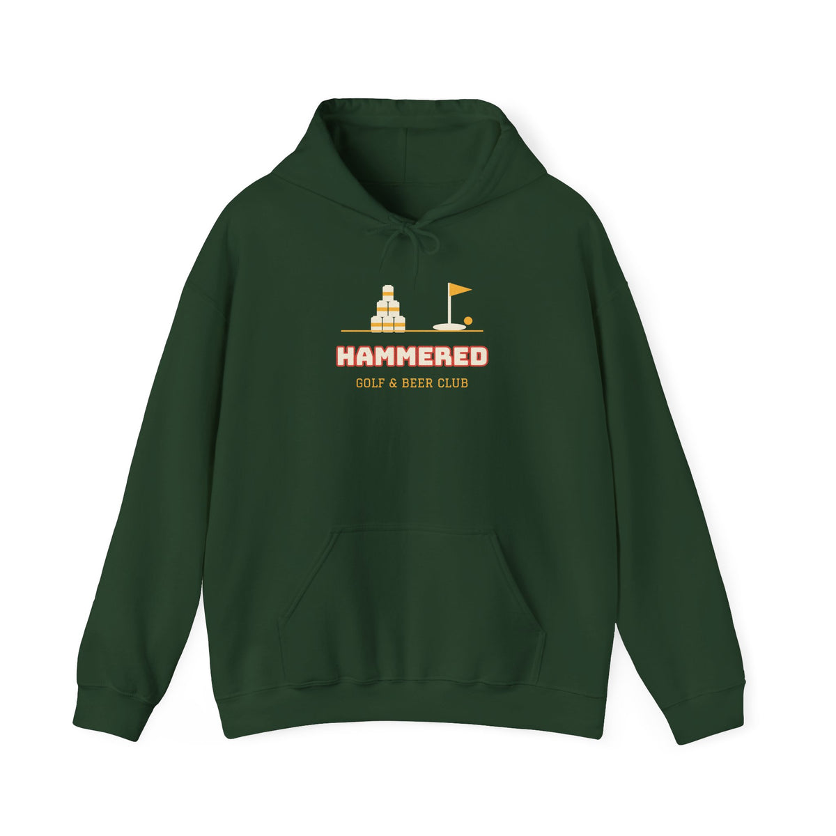 Forest green pullover hoodie with front pocket, drawstring hood, and HAMMERED logo print