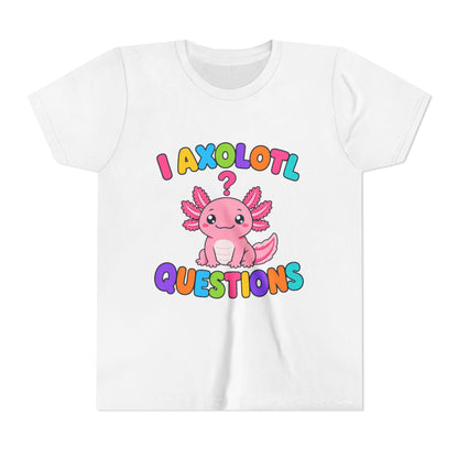Kids graphic T-shirt in white with colorful axolotl and 'Questions' text