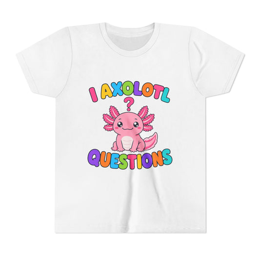 Kids graphic T-shirt in white with colorful axolotl and 'Questions' text