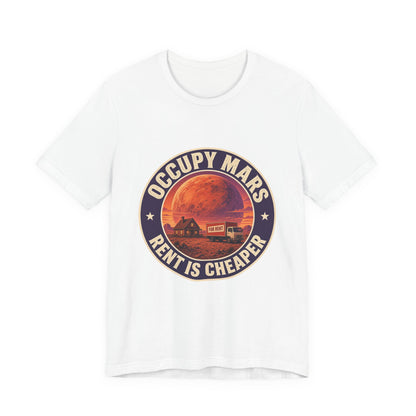 White crewneck graphic tee shirt with round Mars-themed logo