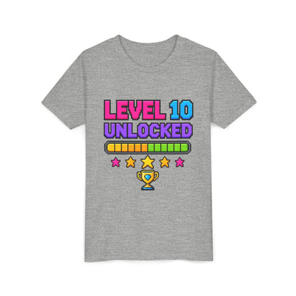 Kids heather gray graphic tee with colorful “Level 10 Unlocked” trophy print