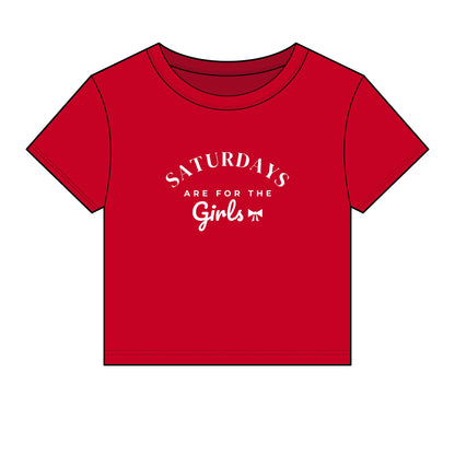 Girls' red crop top with 'Saturdays are for the Girls' front graphic