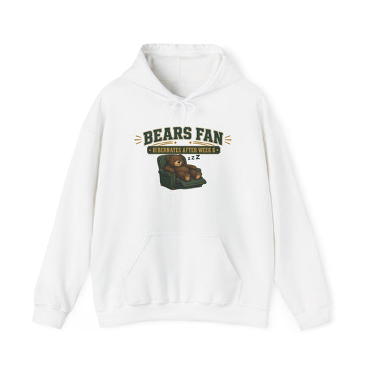 White pullover hoodie with Bears Fan graphic and hibernates after Week 6 text