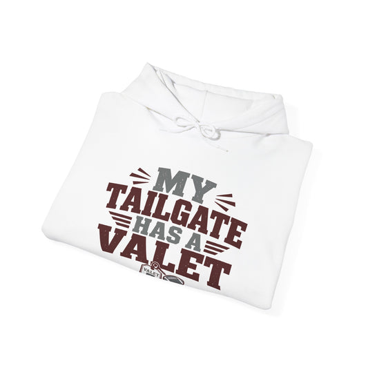 Folded white hoodie showing My Tailgate Has a Valet front graphic and drawstring