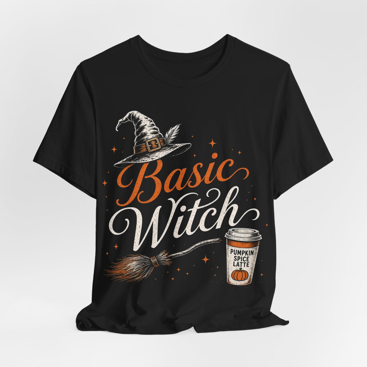 Black crew-neck witch graphic t-shirt with Basic Witch text and pumpkin spice latte cup