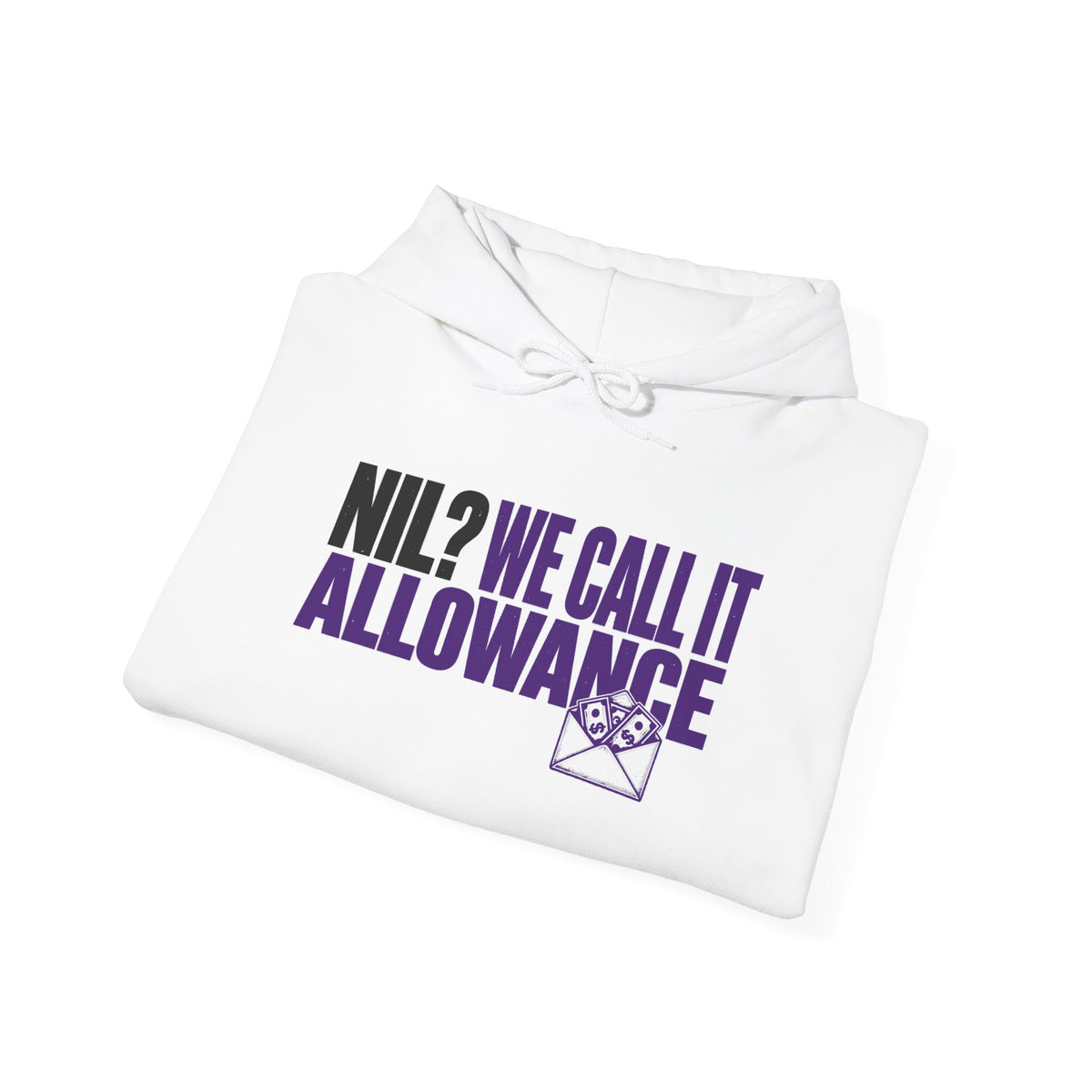 White hoodie laid flat with purple and black logo print, hood strings visible