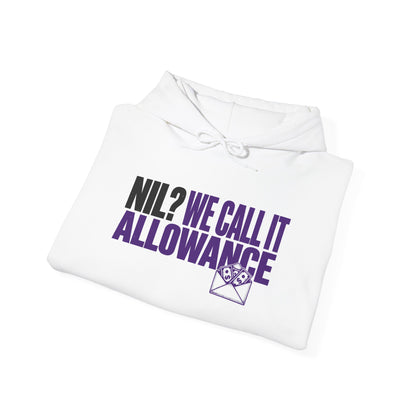 White hoodie laid flat with purple and black logo print, hood strings visible
