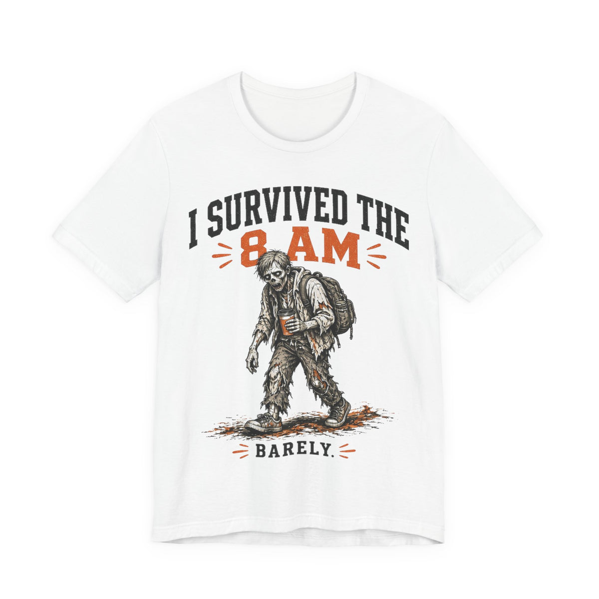 White graphic T-shirt with zombie character and "I survived the 8AM" print