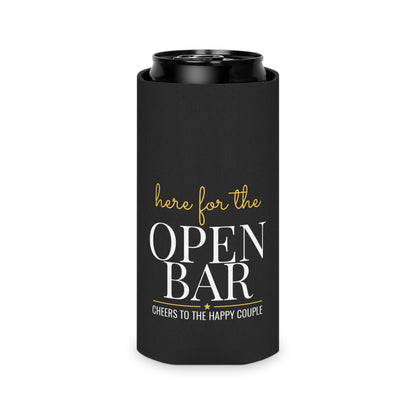 Black can koozie wrapping a beverage can with "Here for the OPEN BAR" design.